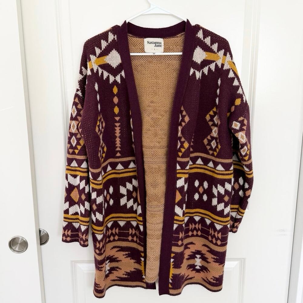 Savanna Jane Aztec Boho Open Front Cardigan Maroon Yellow Large - Picture 1 of 5